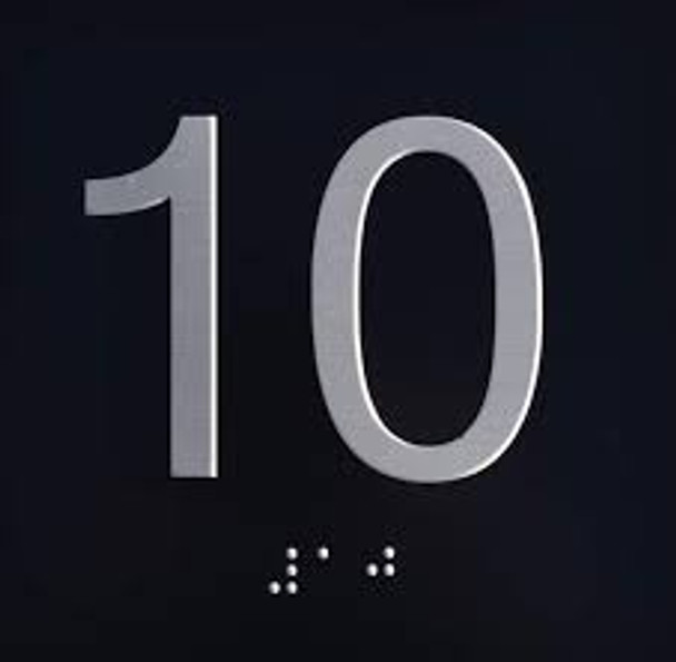 Floor 10- Elevator floor number Jamb Plate sign with braille and raised letter size 4x4 inch -The sensation line ( Black/silver )