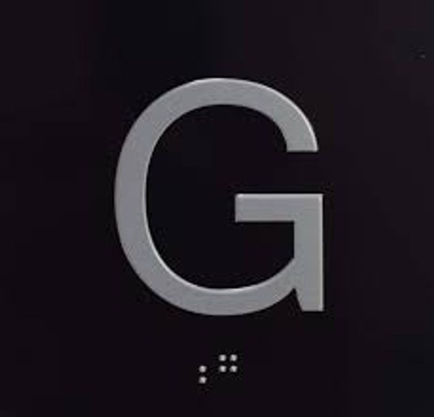 Floor G (Ground) - Elevator floor number Jamb Plate sign with braille and raised letter size 4x4 inch -The sensation line ( Black/silver )