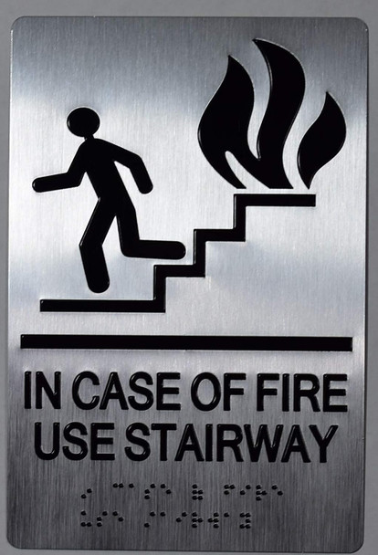 In Case Of Fire Use Stairway  Tactile Graphics Grade 2 Braille Text With Raised Letters Aluminum, Safety  For Office, School Hospital -The Sensation Line