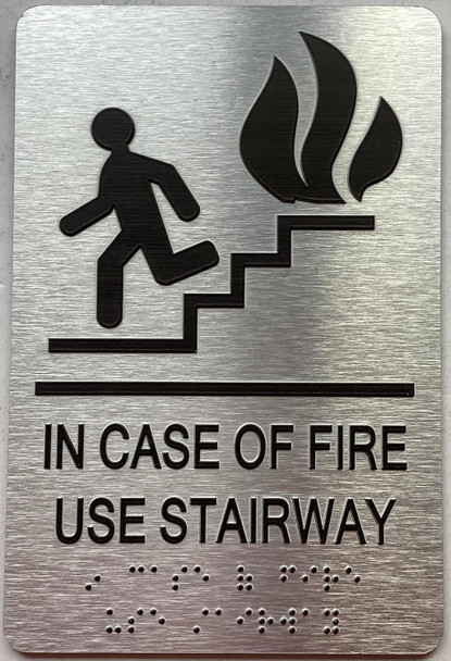 IN CASE OF FIRE USE STAIRWAY  with Raised letters/Image & Grade 2 Braille - Includes Red Adhesive pad for Easy Installation - The park Ave Line