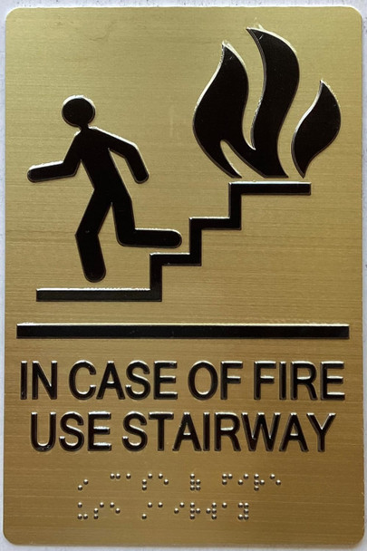 IN CASE OF FIRE USE STAIRWAY  with Raised letters/Image & Grade 2 Braille - Includes Red Adhesive pad for Easy Installation - The sensation line
