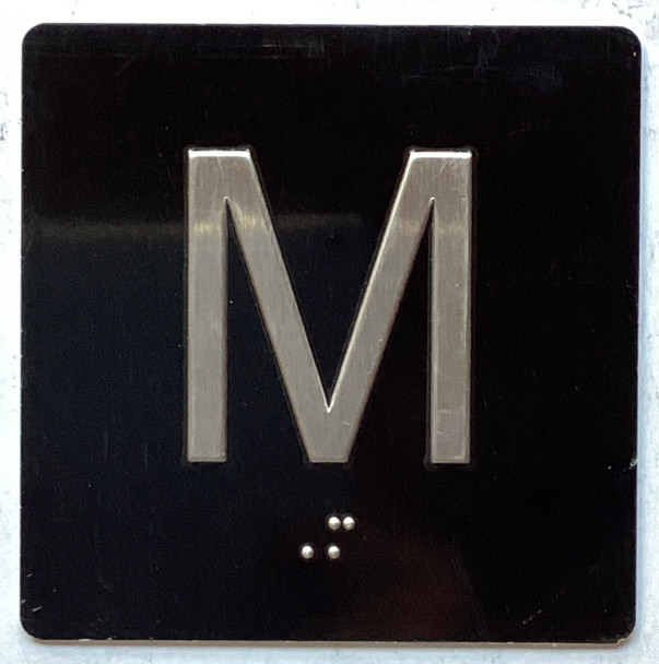 Floor M ( M ezzanine ) - Elevator floor number Jamb Plate sign with braille and raised letter size 4x4 inch -The sensation line ( Black/silver )