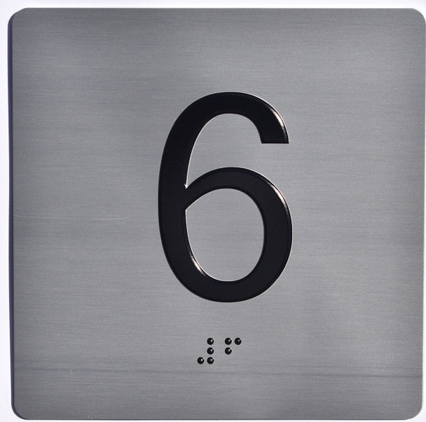 Floor 6- Elevator floor number Jamb Plate sign with braille and raised letter size 4x4 inch -The sensation line ( silver/black)