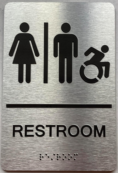 Restroom / Unisex ADA Compliant  with Raised letters/Image & Grade 2 Braille - Includes Red Adhesive pad for Easy Installation - The park Ave Line (Restroom Accessible)