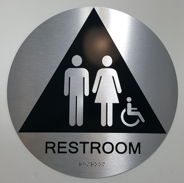 RESTROOM  Tactile Graphics Grade 2 Braille Text with raised letters aluminum, Safety  for Office, school Hospital,brush SILVER