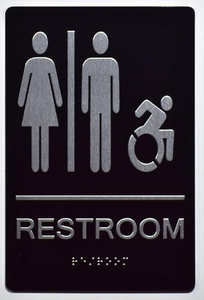 RESTROOM  Tactile Graphics Grade 2 Braille Text with raised letters, Material: Aluminium, Safety  for Office, school Hospital,brush BLACK