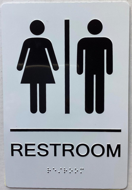 RESTROOM  with Raised letters/Image & Grade 2 Braille - Includes Red Adhesive pad for Easy Installation - The sensation line (RESTROOM)