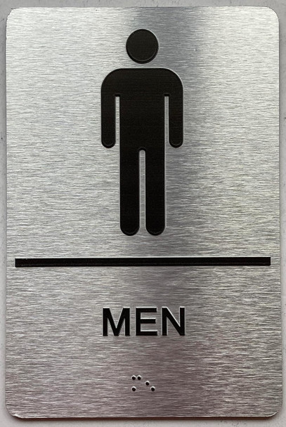 Restroom/Unisex ADA Compliant  with Raised letters/Image & Grade 2 Braille - Includes Red Adhesive pad for Easy Installation - The park Ave Line (Men)
