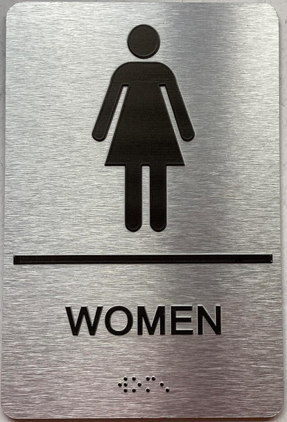 Restroom/Unisex ADA Compliant  with Raised letters/Image & Grade 2 Braille - Includes Red Adhesive pad for Easy Installation - The park Ave Line (Women)