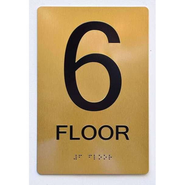 Stair and floor sign Raised letters , Raised Image & Grade 2 Braille - Includes Red Adhesive pad for Easy Installation - The Sensation line (FLOOR 6)