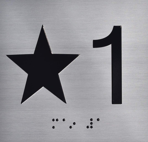 Star 1 Elevator Jamb Plate Sign With Raised Letters & Grade 2 Braille - Includes Red Adhesive Pad For Easy Installation - The Sensation Line