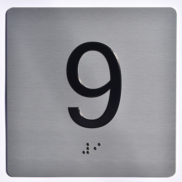 Floor 9- Elevator floor number Jamb Plate sign with braille and raised letter size 4x4 inch -The sensation line ( silver/black)