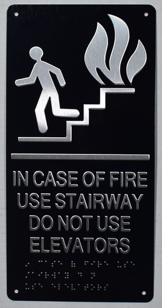 IN CASE OF FIRE USE STAIRWAY DO NOT USE ELEVATOR  sign black ada