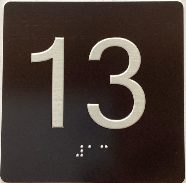 Floor 13- Elevator floor number Jamb Plate sign with braille and raised letter size 4x4 inch -The sensation line ( Black/silver )