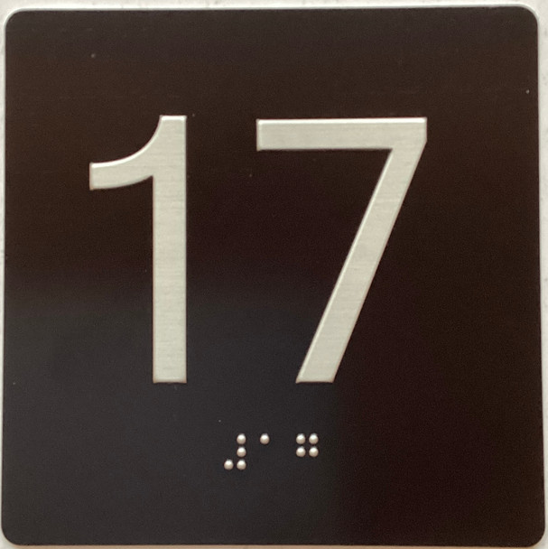Floor 17- Elevator floor number Jamb Plate sign with braille and raised letter size 4x4 inch -The sensation line ( Black/silver )