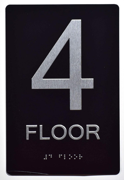 Black Floor number  -Tactile Graphics Grade 2 Braille Text with raised letters aluminum, Safety  for Office, school Hospital, Apartment BLACK (4th Floor ) (SENSATION LINE)