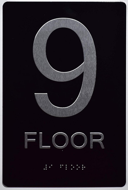 Black Floor number  -Tactile Graphics Grade 2 Braille Text with raised letters aluminum, Safety  for Office, school Hospital, Apartment BLACK (9th Floor )