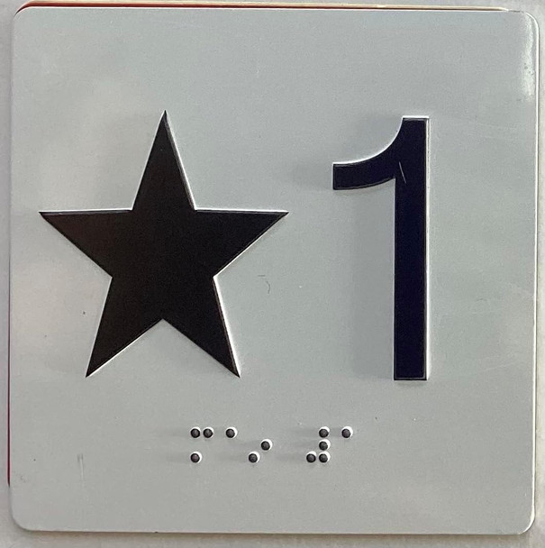 Elevator floor star 1 /jamb plate floor star 1  letters/Image & Grade 2 Braille - Includes Red Adhesive pad for Easy Installation - The Sensation line