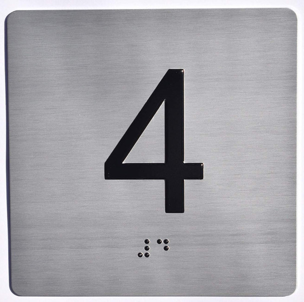 Elevator JAMB Plate with Braille - Elevator Floor Number Brush SILVER (4TH FLOOR)