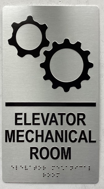 ELEVATOR MECHANICAL ROOM  Raised letters, RAISED IMAGE & Grade 2 Braille - Includes Red Adhesive pad for Easy Installation - The Sensation line