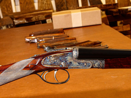 F. Beesley - Self-Opening Full Sidelock, SxS, 20ga. 28" Chopper Lump Barrels Choked IM/F. #88420 F. Beesley - Self-Opening Full Sidelock, SxS, 20ga. 28" Chopper Lump Barrels Choked IM/F. #88420