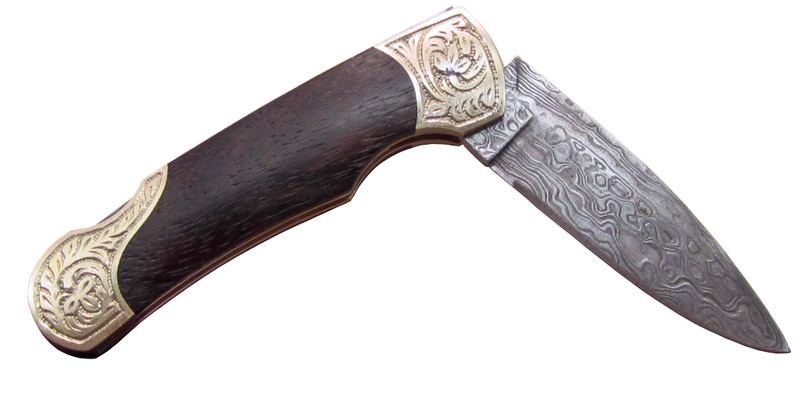 Engraved Damascus Lock Back Pocket Knife