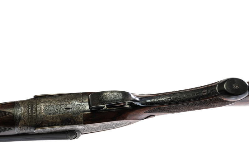 Bottom view of the receiver of the Woodward side by side shotgun.