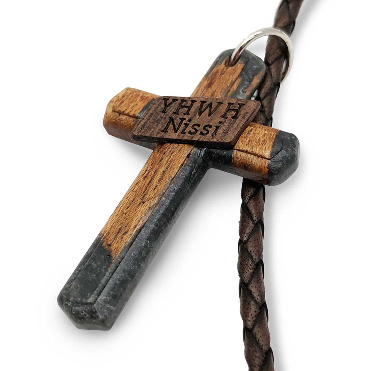 Name of God / YHWH Nissi / Unisex / Mahogany Wood with Steel Gray Resin / Cross  Pendant Necklace