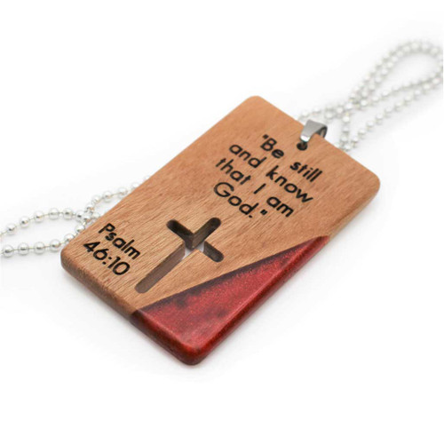 Women's Cherry Hardwood and Wine Red Resin Dog Tag Necklace with custom engraved Bible verse.