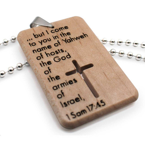 Living Word / Choose Your Bible Verse / Mens / Maple Hardwood / Dog Tag Necklace with stainless steel beaded metal chain.