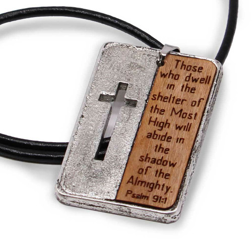Unisex Pewter Dog Tag Necklace with Ancient of Days and YHWH text on the front and Psalm 91:1 on the Cherry Wood insert back.