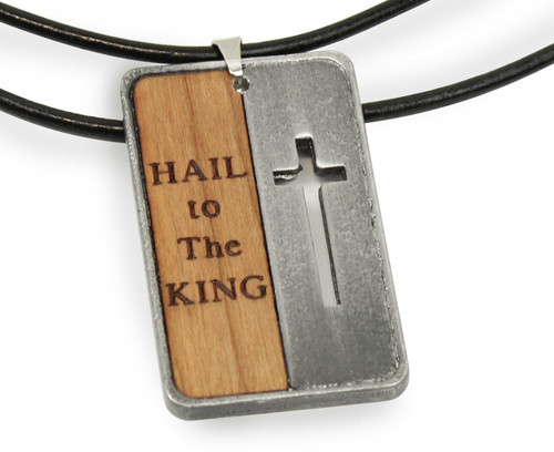 Unisex Pewter Dog Tag Necklace with Antique Finish, Cherry Wood insert, and "Hail to the King" engraving.