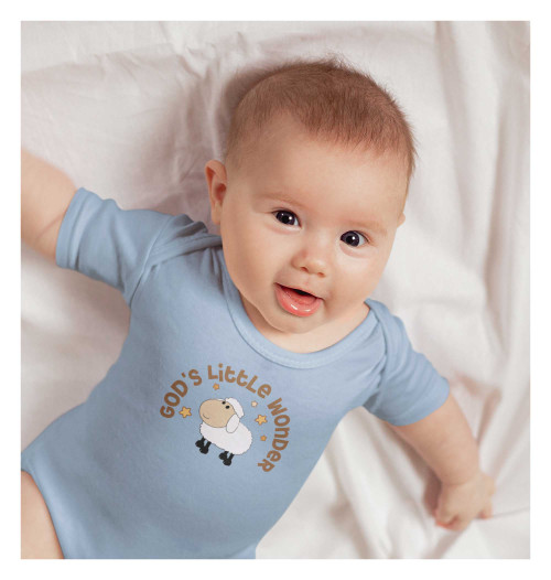 Adorable baby wearing blue 'God's Little Blessing' Christian onesie – baby shower gift