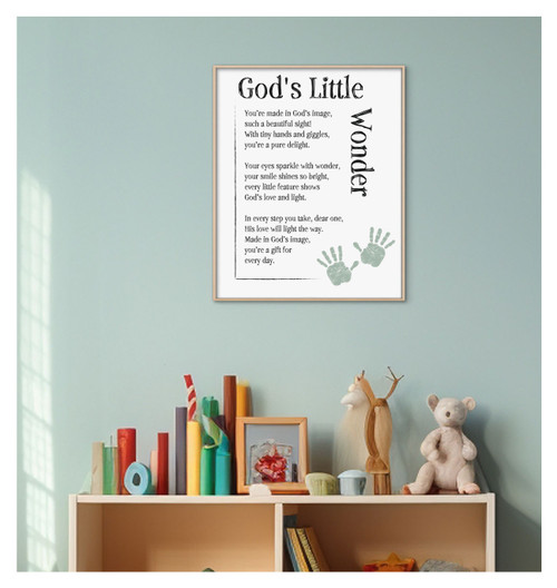 Sample Personalized Christian Nursery Wall Art with Green Baby Hands | Classic black text and modern 1/4" maple wood frame.
