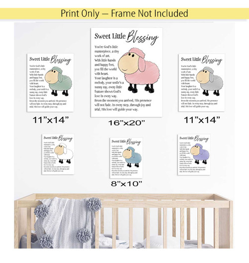 Unframed Personalized Nursery wall art prints shown in three different sizes. 8x10 inches, 11x14 inches, 16x20 inches