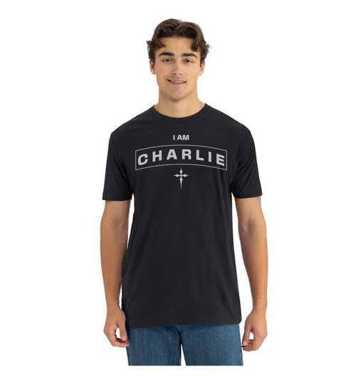 Male model wearing Black/Grey–Charlie Kirk Legacy T-Shirt – “I Am Charlie” Christian Tribute Shirt