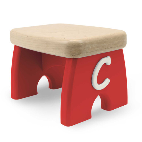 Fire Truck Red Gumdrop Original Step Stool with personalized initial, solid legs, thick wood top, and rounded edges
