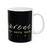Side view of Black and white Christian coffee mug that features "The Nazarene" "Through Him all things were made" printed in gold and white. Side view of Black and white Christian coffee mug that features "The Nazarene" "Through Him all things were made" printed in gold and white.