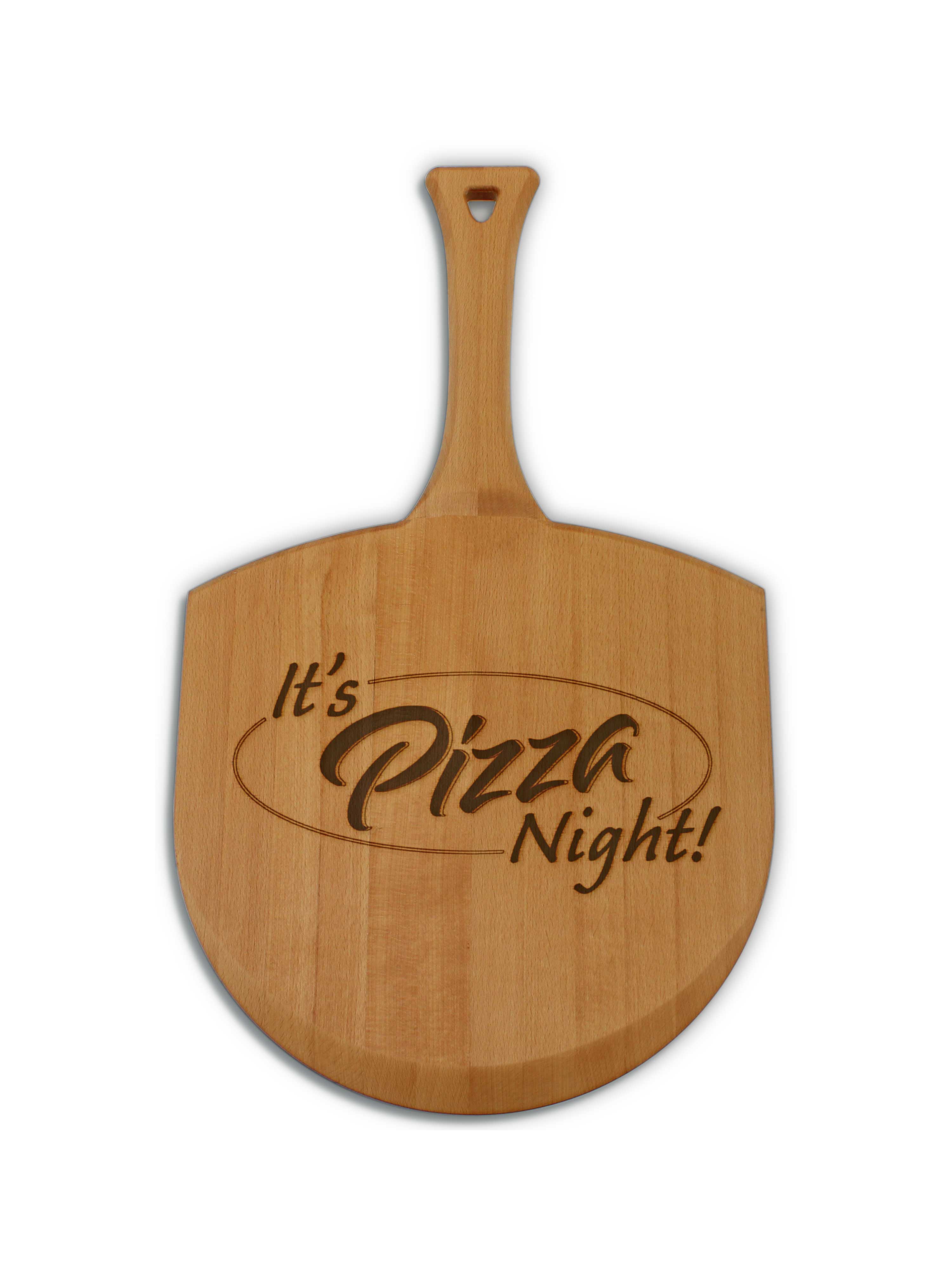 Handcrafted pizza peel featuring decorative logo, perfect for baking and serving pizzas.