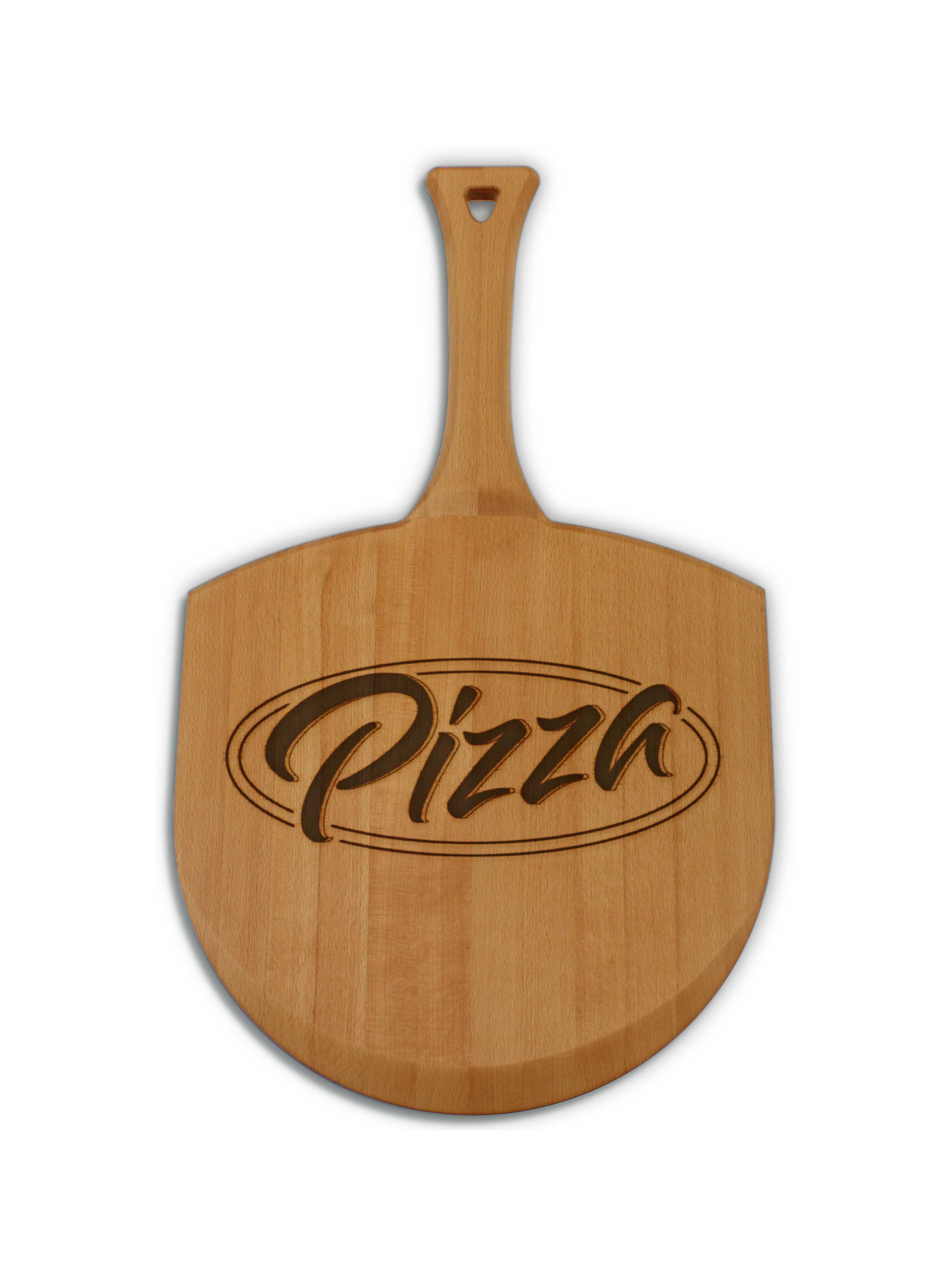 Handcrafted pizza peel with personalized logo, ideal for baking and serving pizzas.