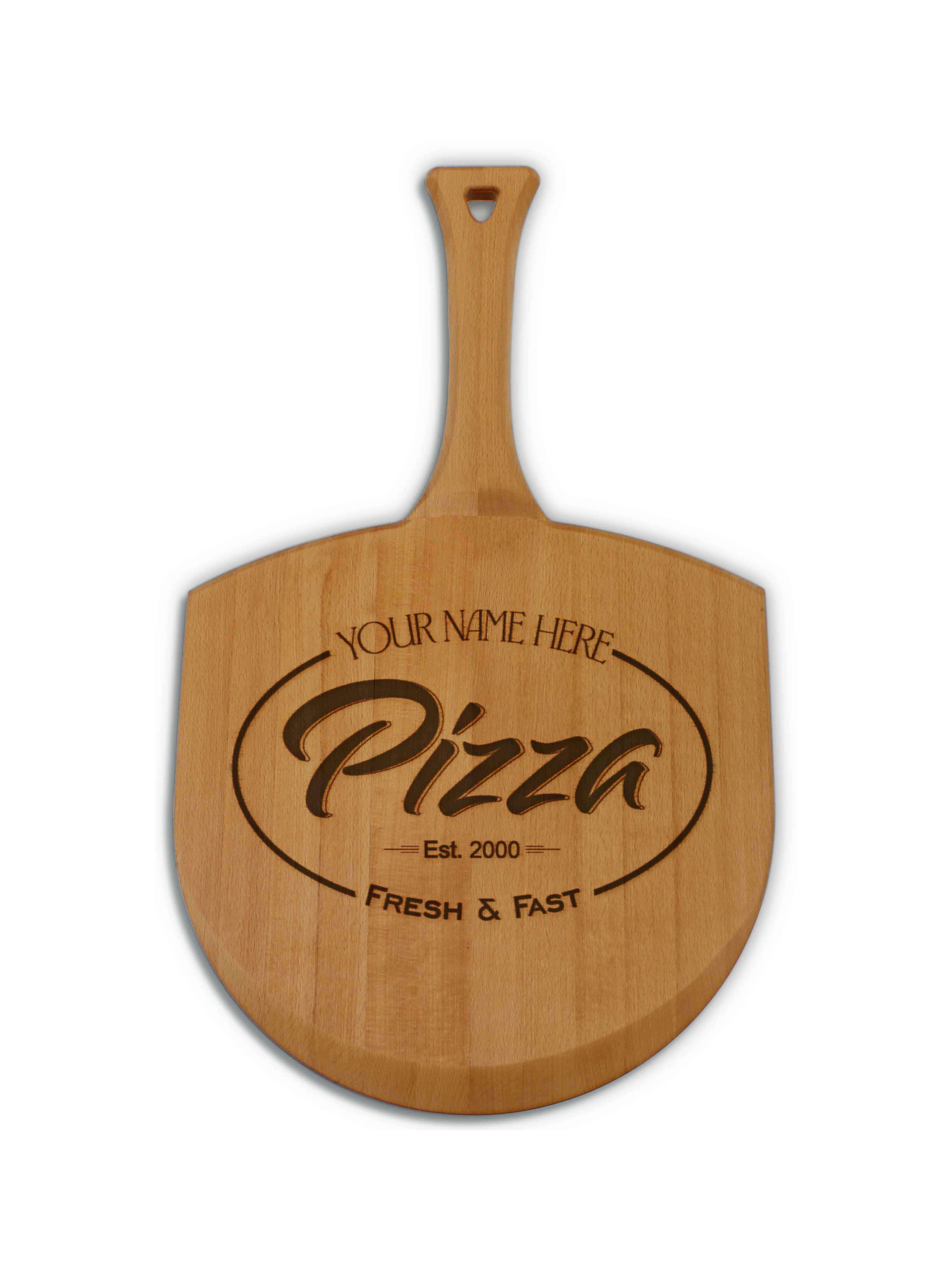 Handcrafted pizza peel with personalized logo, ideal for baking and serving pizzas.