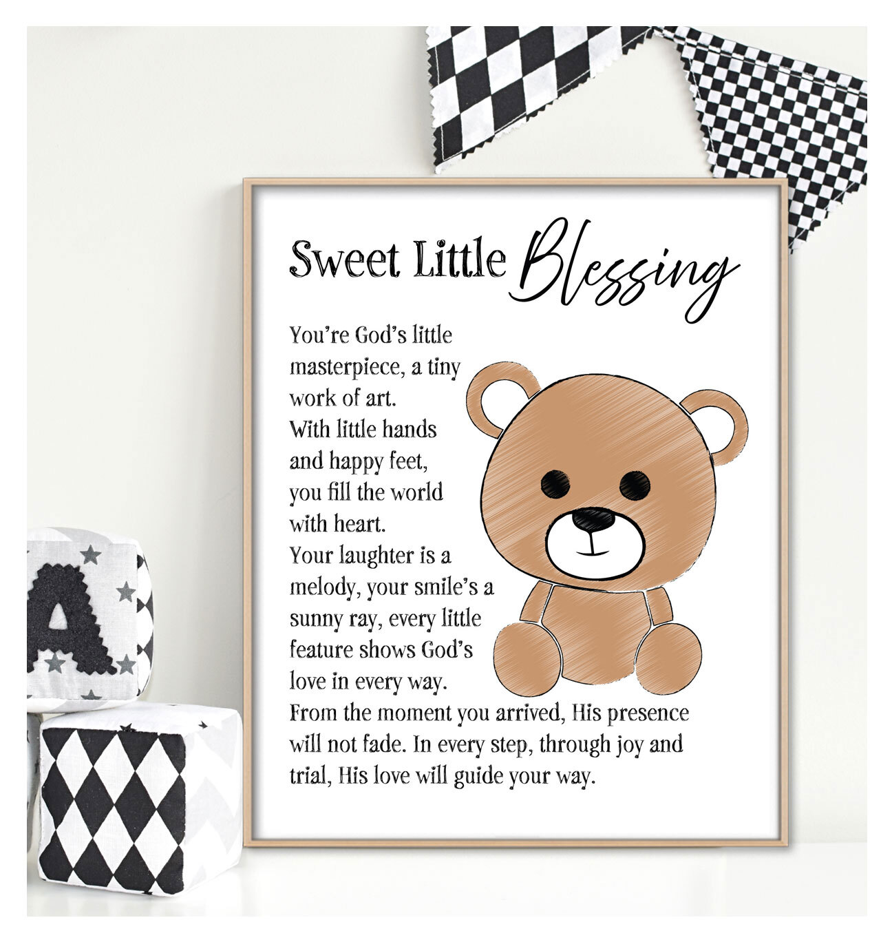 Personalized Christian nursery wall art with large brown teddy bear illustration