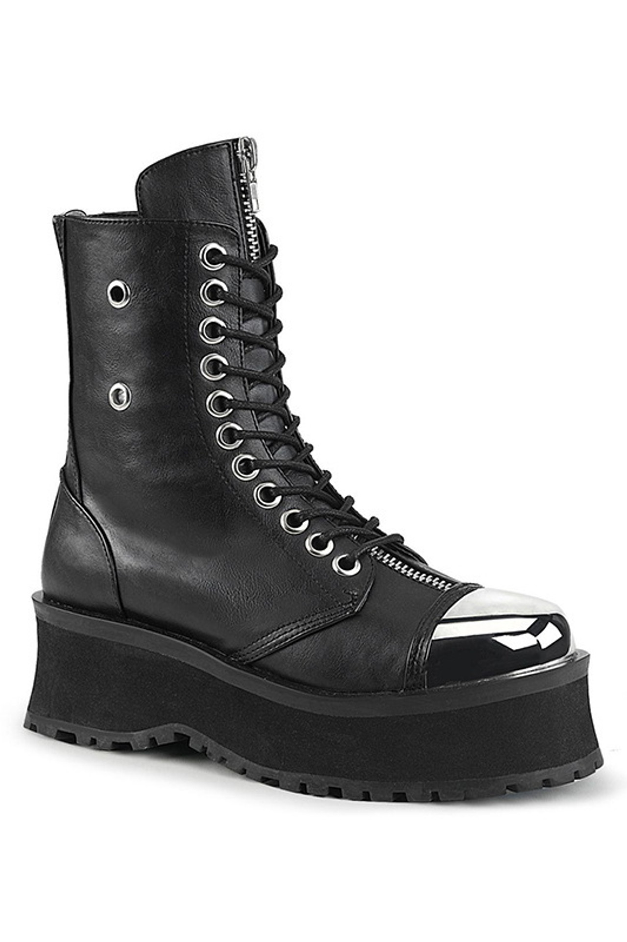 Black Vegan Leather Platform Silver Chrome Plated Metal Toe Boots ...