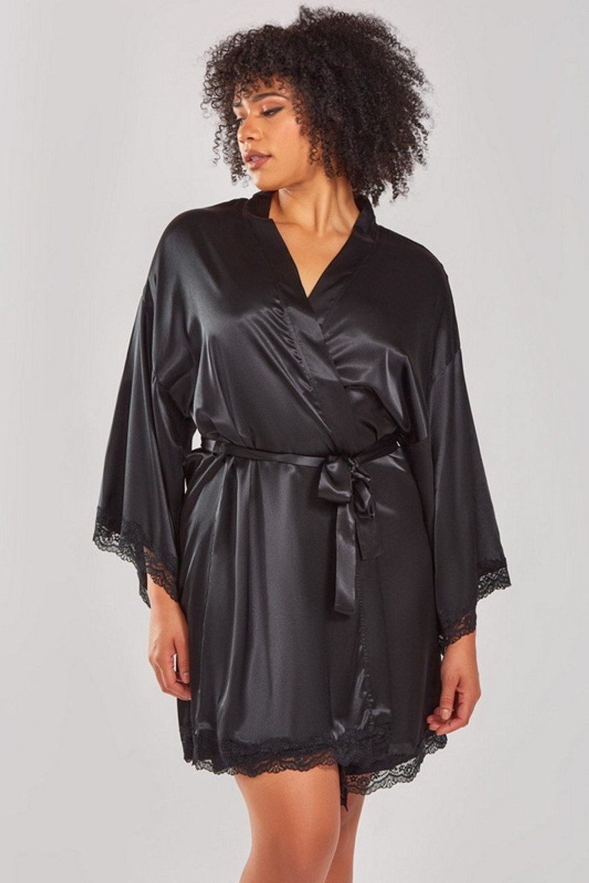 Plus Size Leia's Black Satin Lingerie Robe - Spicy Lingerie