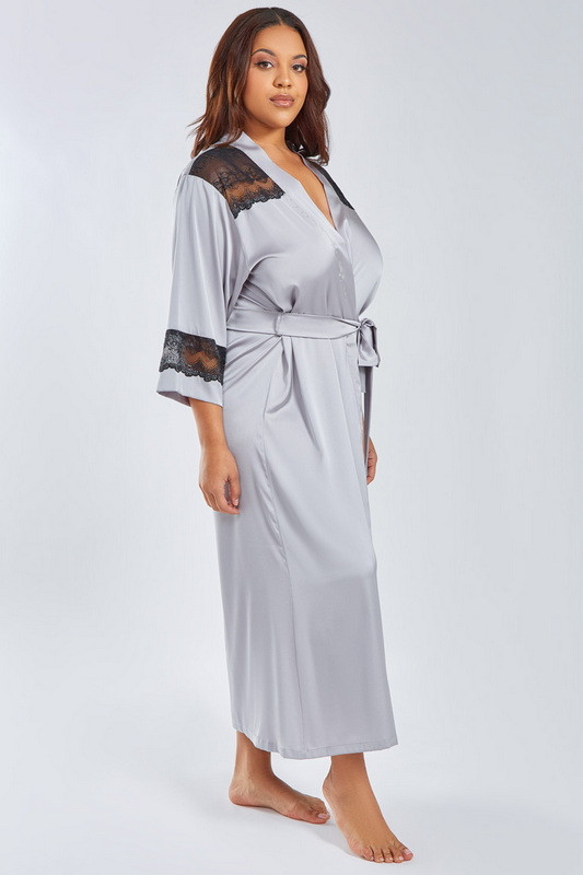 Plus Size Tess's Long Silver Satin Lingerie Robe - Spicy Lingerie