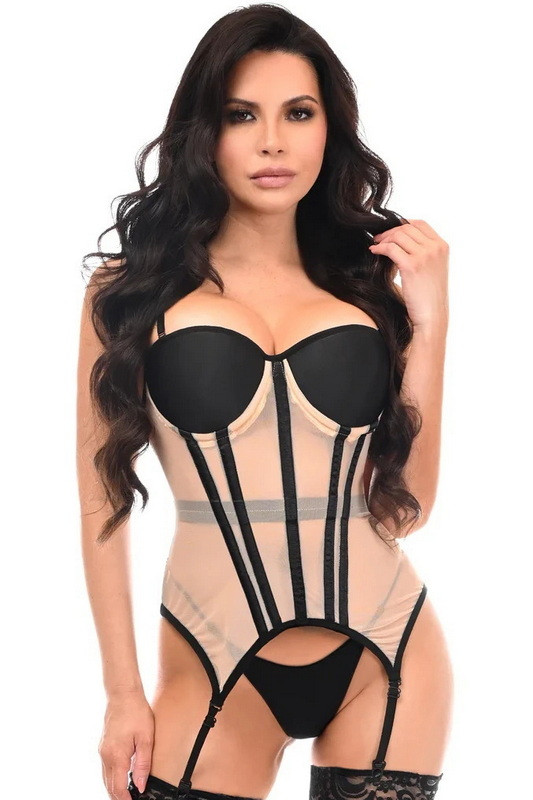 Lavish Nude & Black Mesh Gartered Bustier Corset - Spicy Lingerie