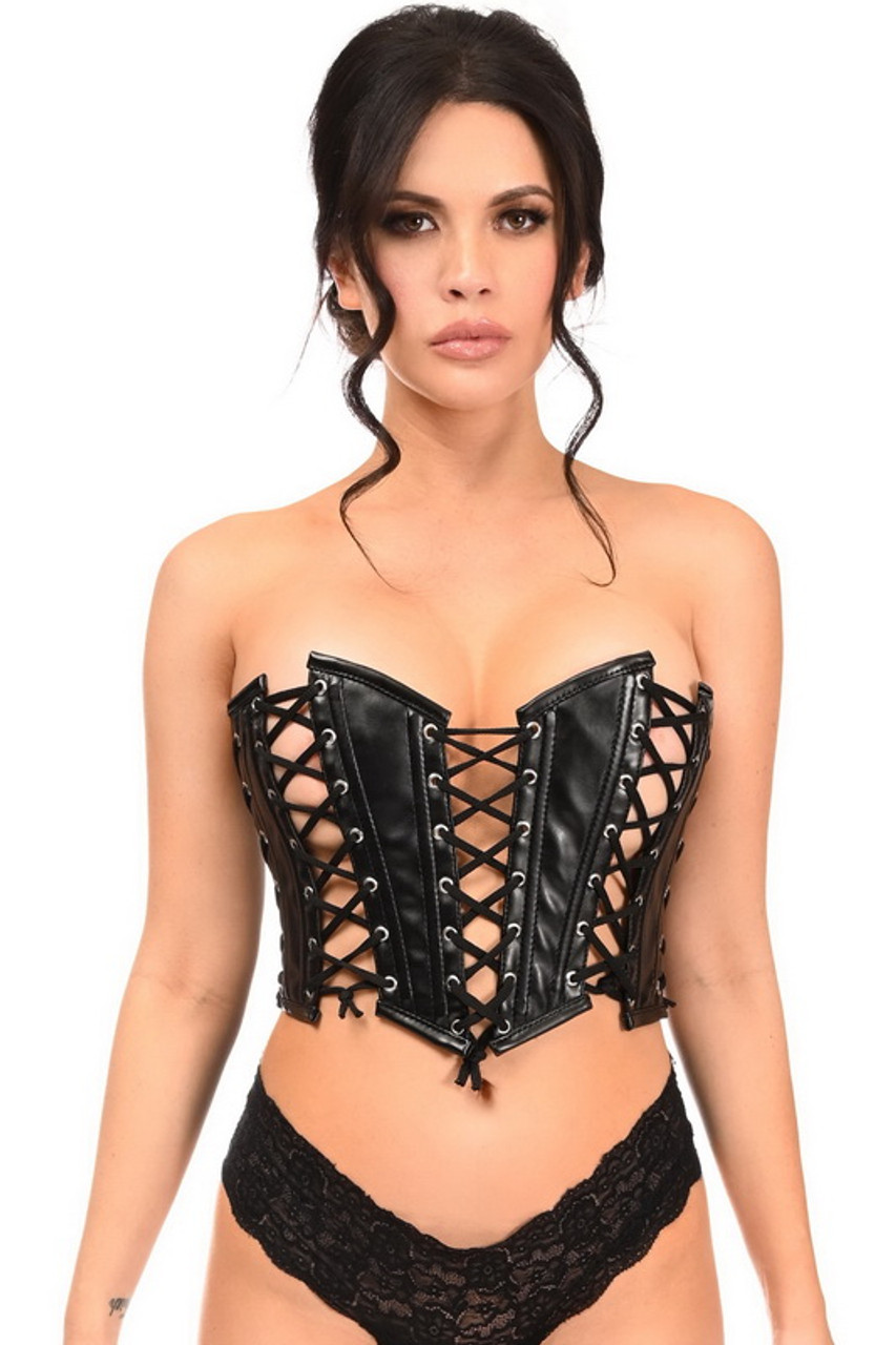 Plus Size Lavish Black Faux Leather And Black Lacing Lace Up Bustier