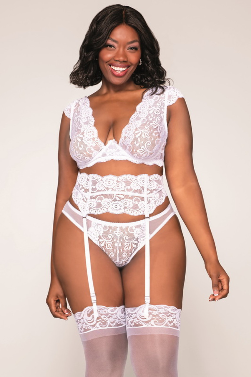 Plus Size White Lace Cap Bra Lingerie Set- Spicy Lingerie