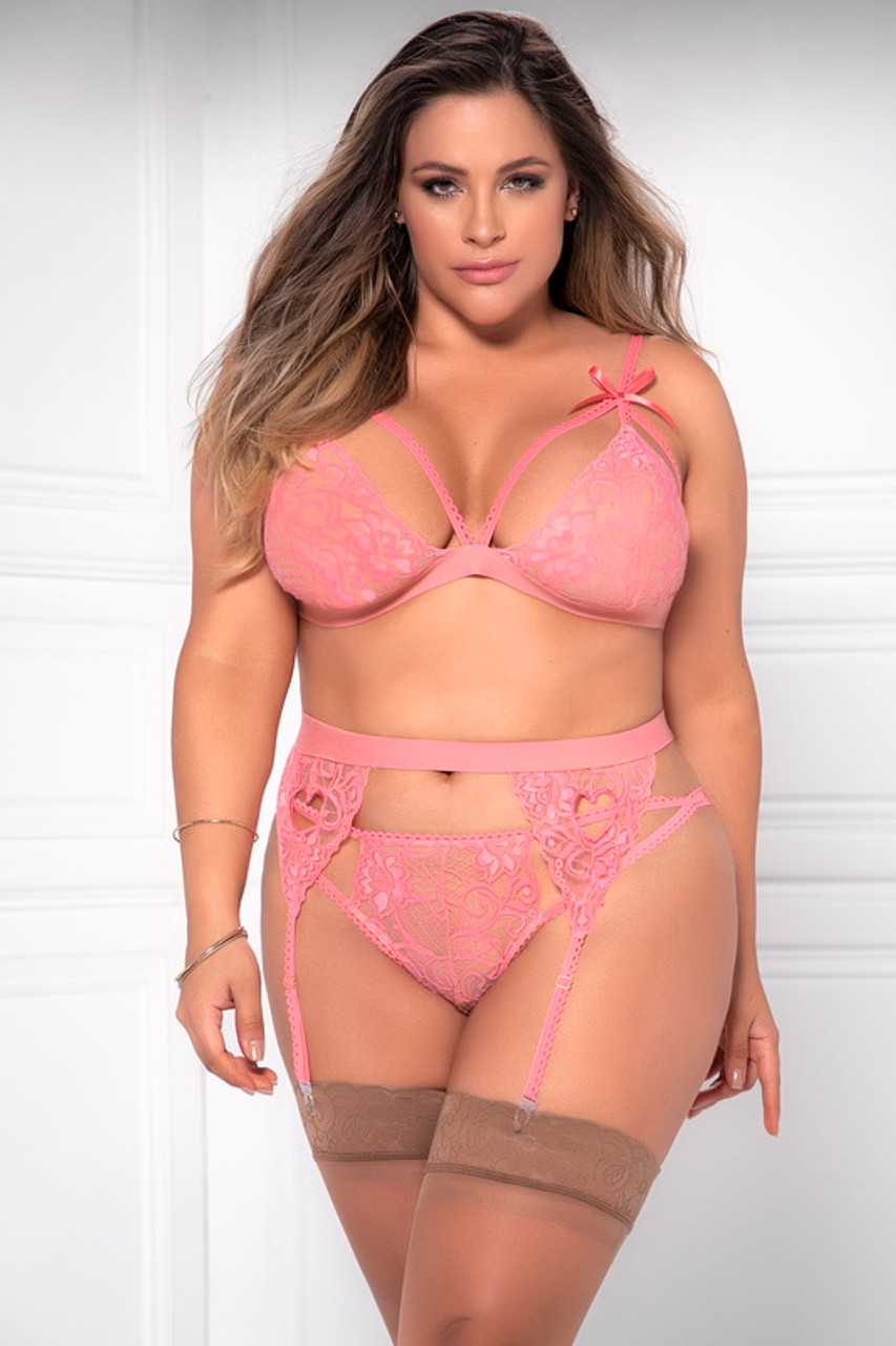 Plus Size Pink Cutout Heart Bombshell Lace Bra Garter Set - 39.95 Now