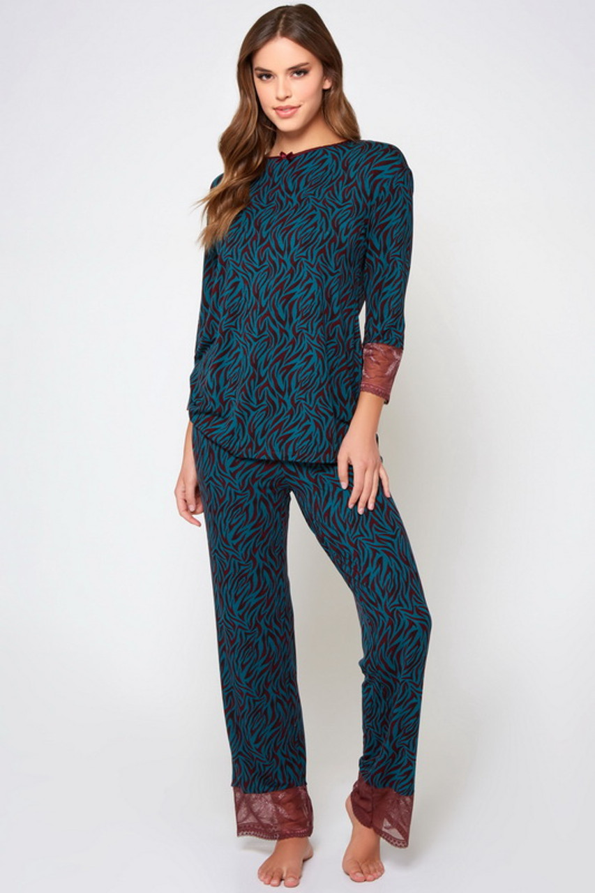 Teal & Burgundy Sylvie Zebra Print Pajamas- Spicy Lingerie